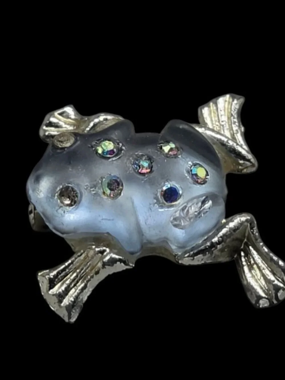 Vintage Silver Tone Jelly Belly Frog Brooch Pin with Aurora Borealis Rhinestones